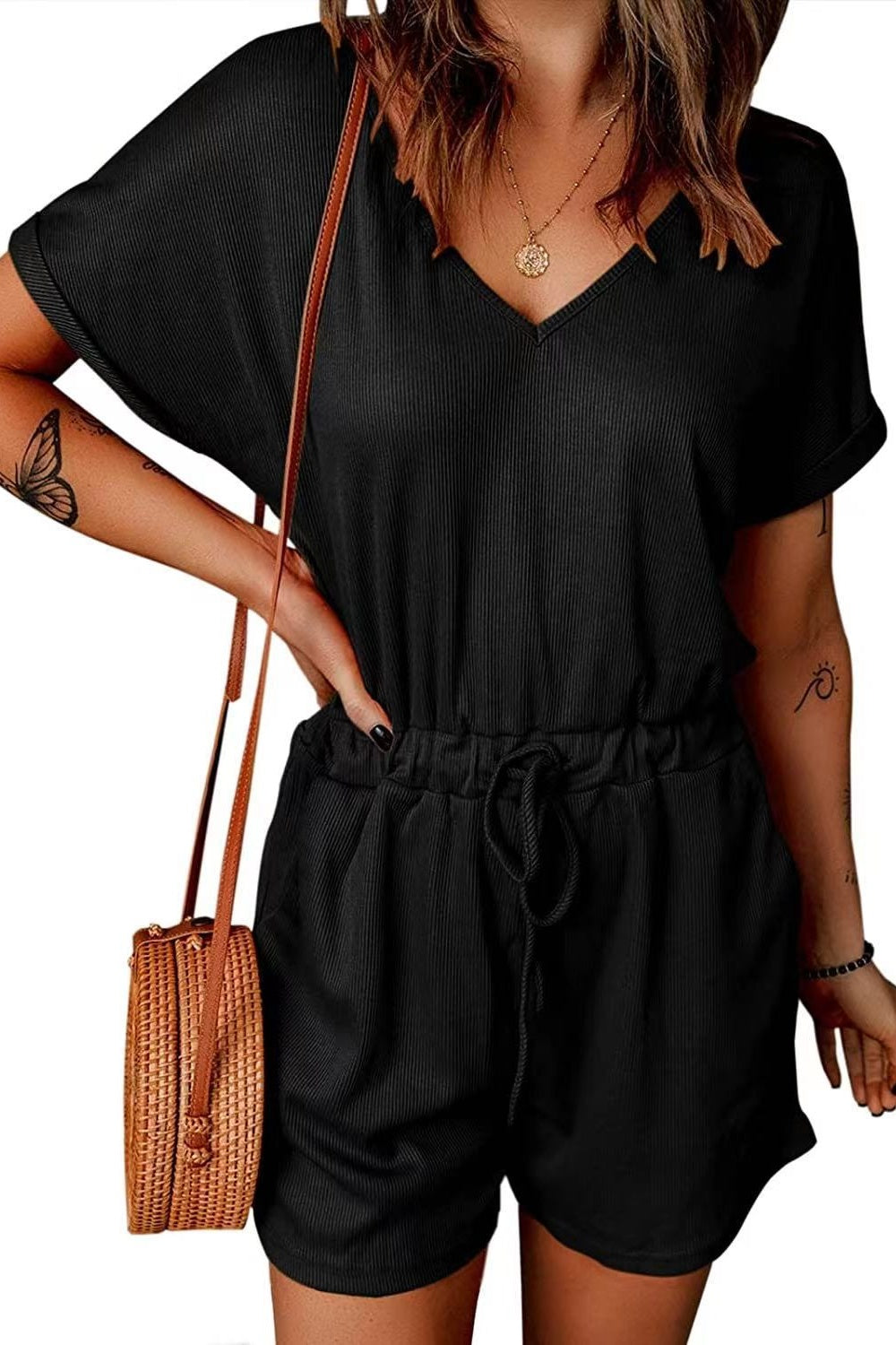 Plus Size Drawstring V-Neck Short Sleeve Romper Sunset and Swim   