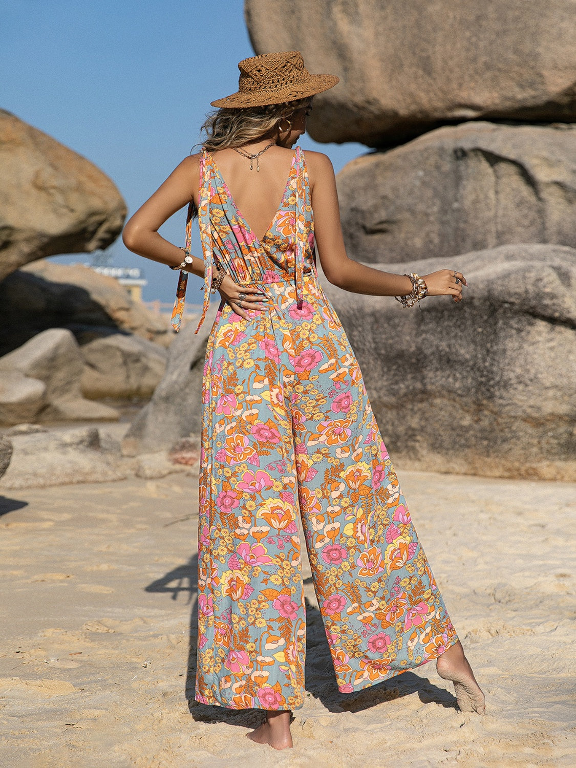 V-Neck Wide Leg Jumpsuit Sunset and Swim   