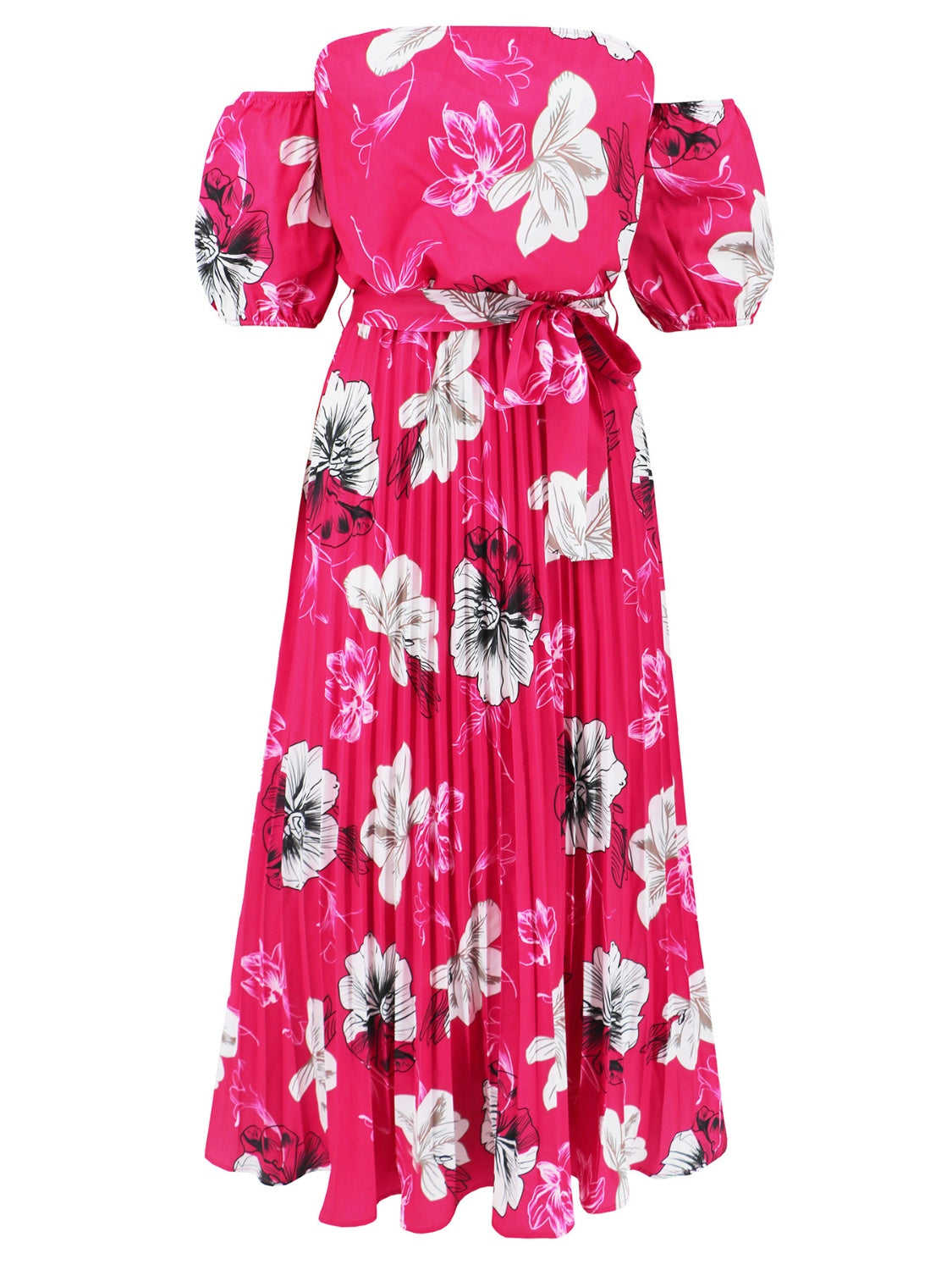 Sunset Vacation Pleated Floral Off-Shoulder Short Sleeve Midi Dress Sunset and Swim   