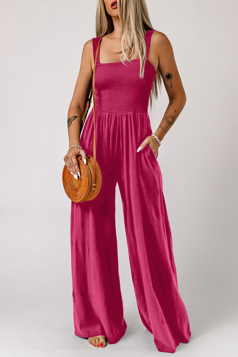 Smocked Square Neck Wide Leg Jumpsuit with Pockets Sunset and Swim Deep Rose S 
