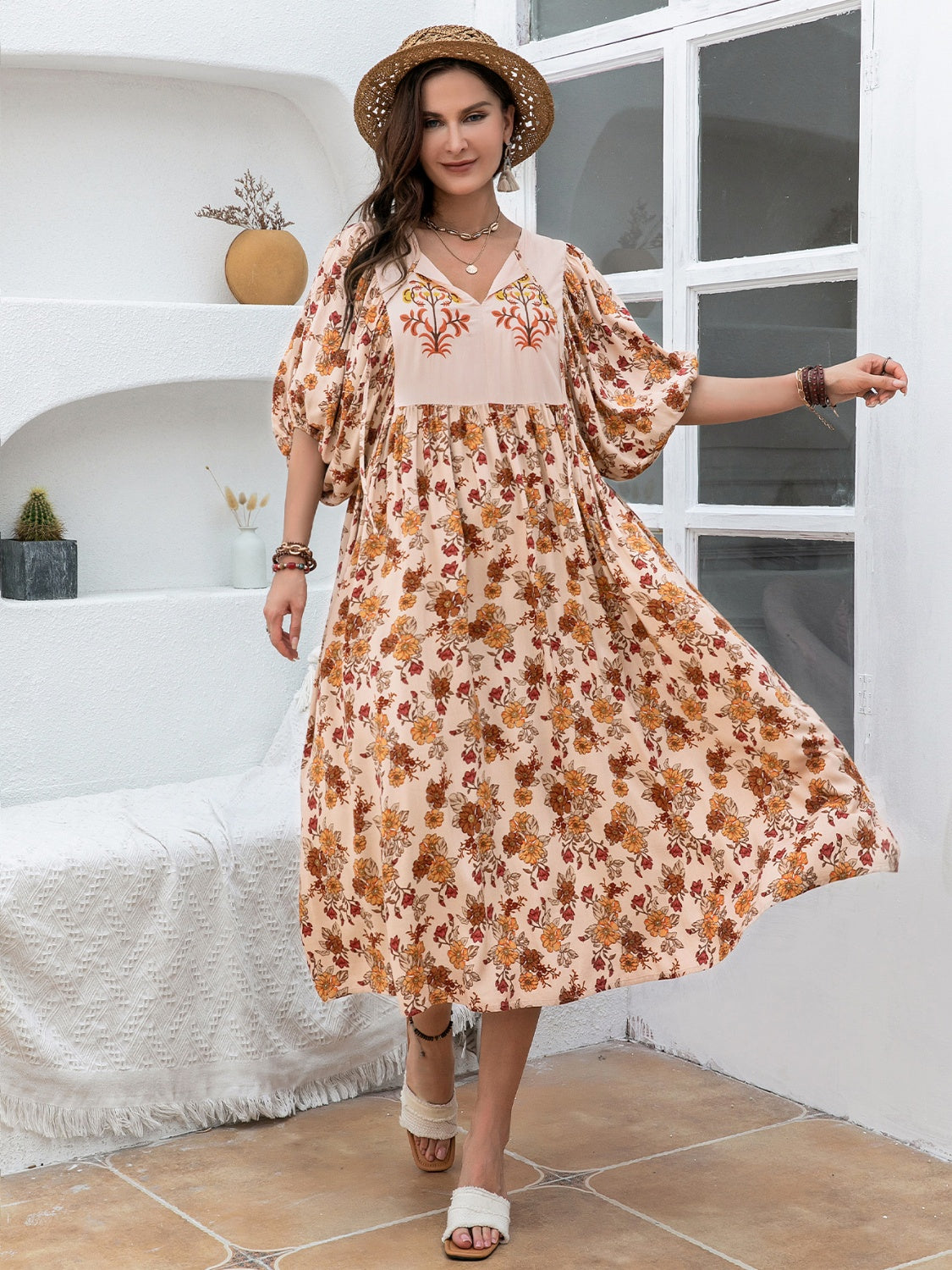 Plus Size Printed Tie Neck Half Sleeve Midi Dress Sunset and Swim   