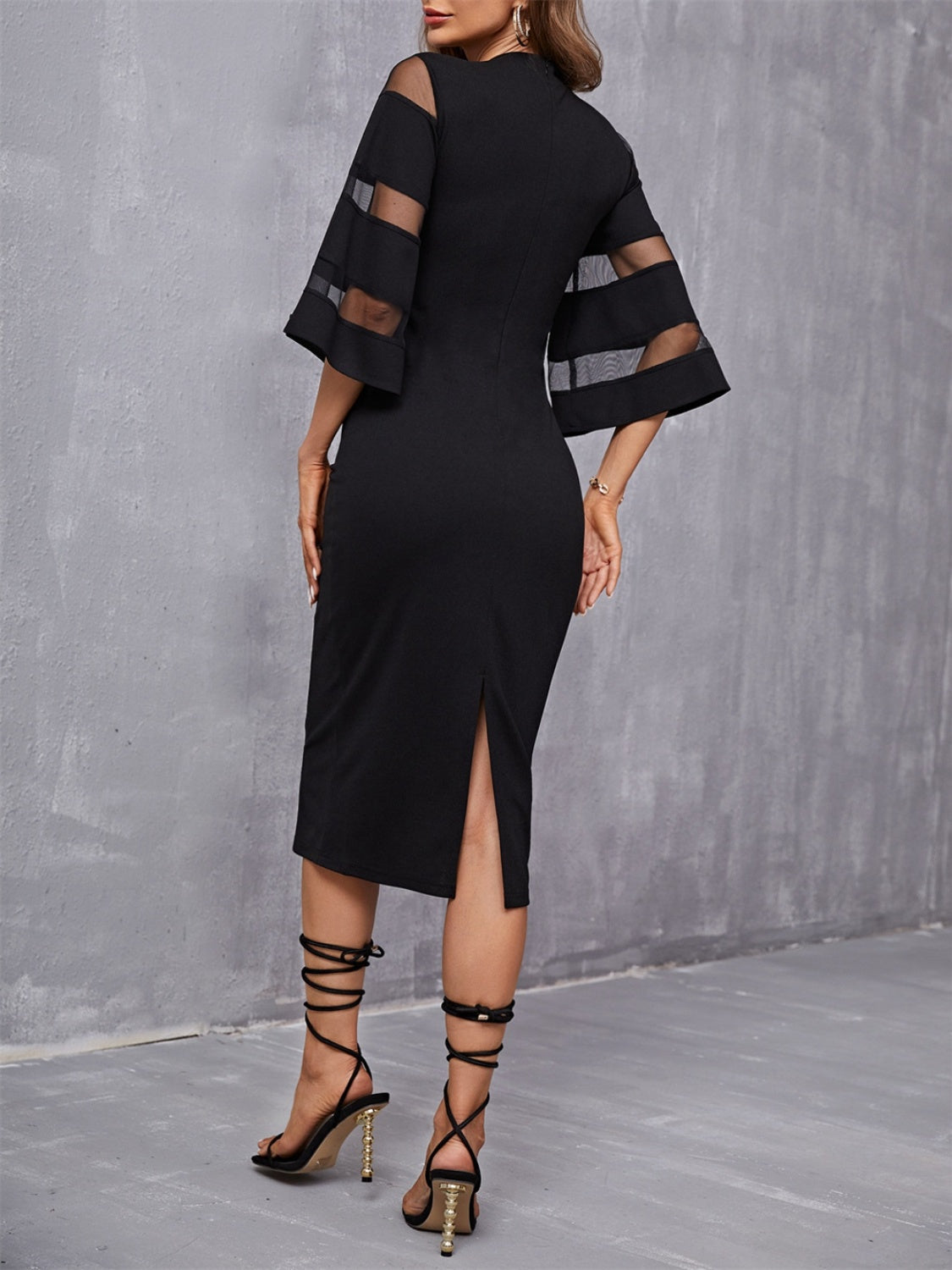 Slit Round Neck Three-Quarter Sleeve Dress Sunset and Swim   