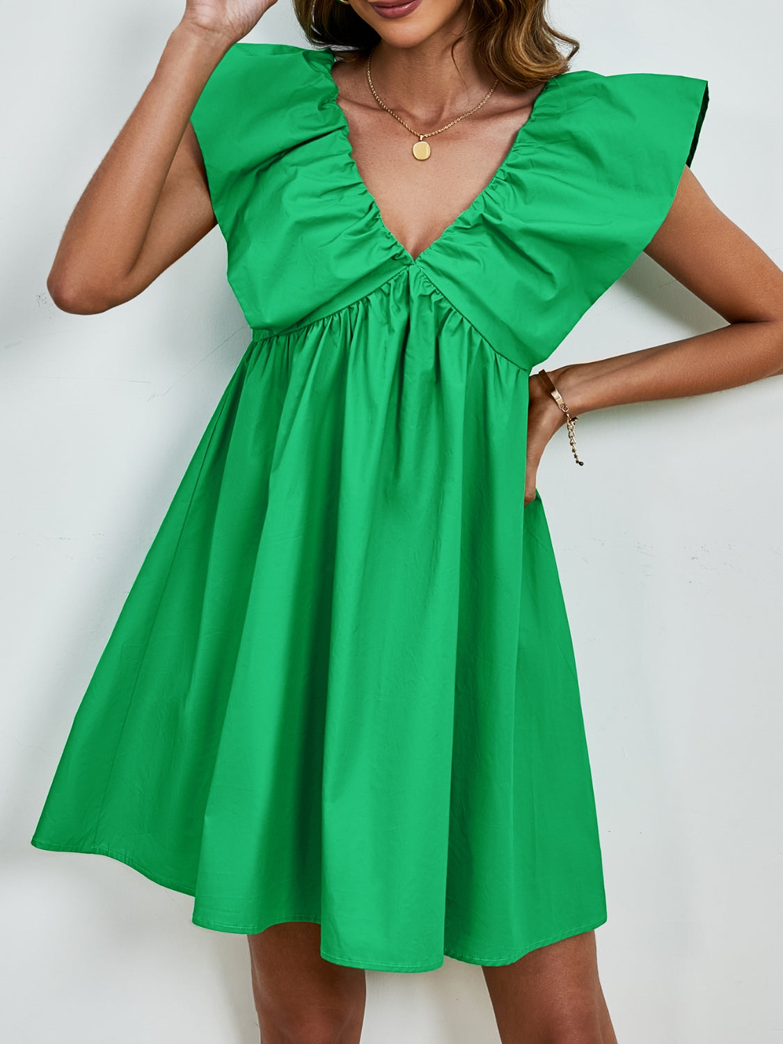 Sunset Vacation V-Neck Cap Sleeve Mini Dress Sunset and Swim Green S 