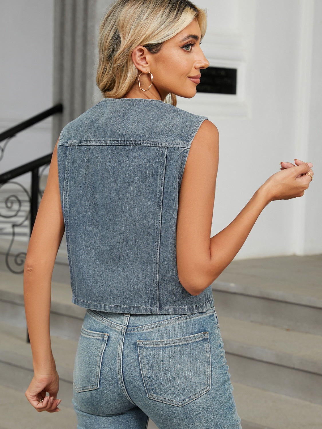 V-Neck Button Down Denim Vest Sunset and Swim   