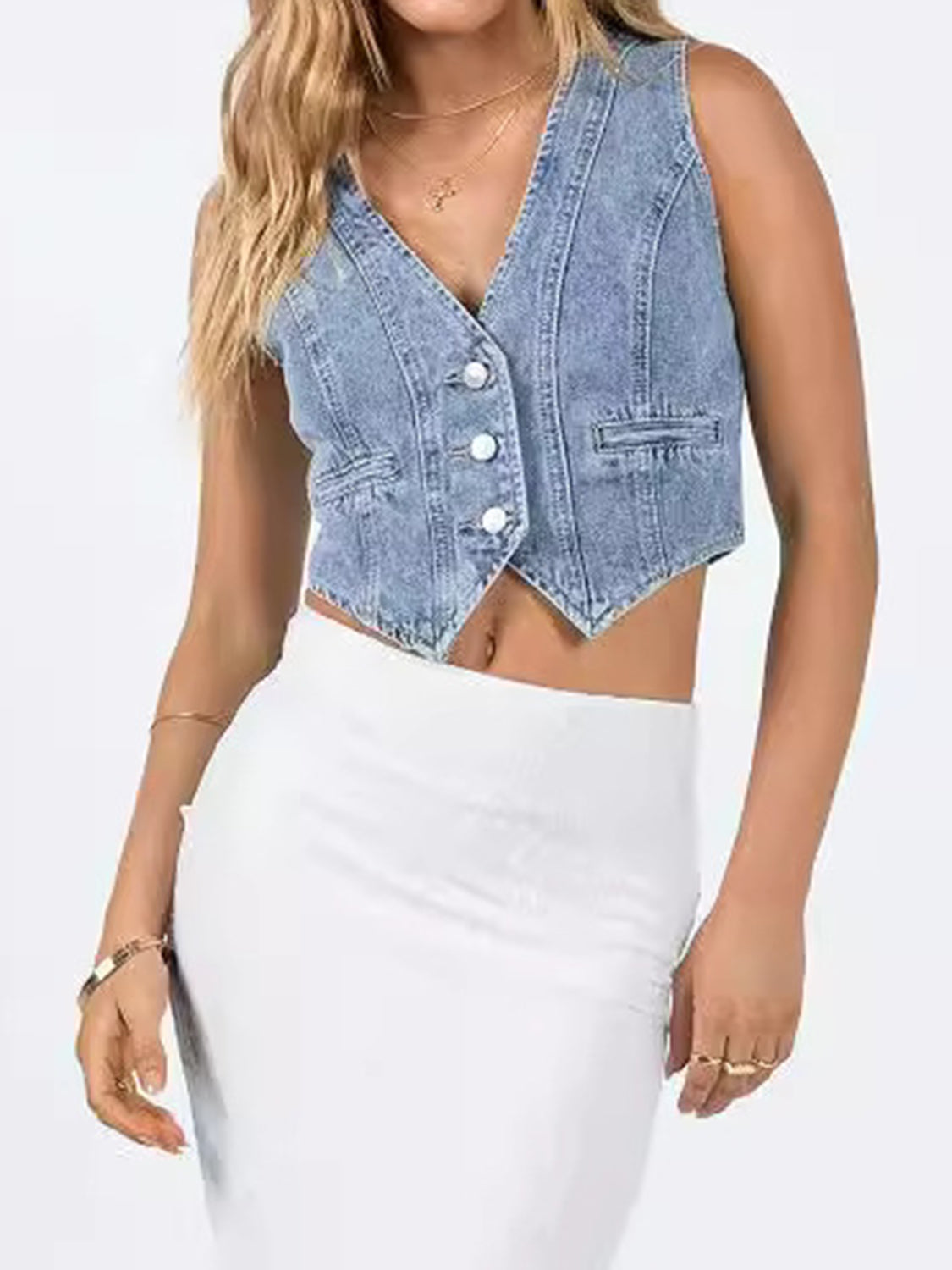 Button Up Sleeveless Denim Top Sunset and Swim   