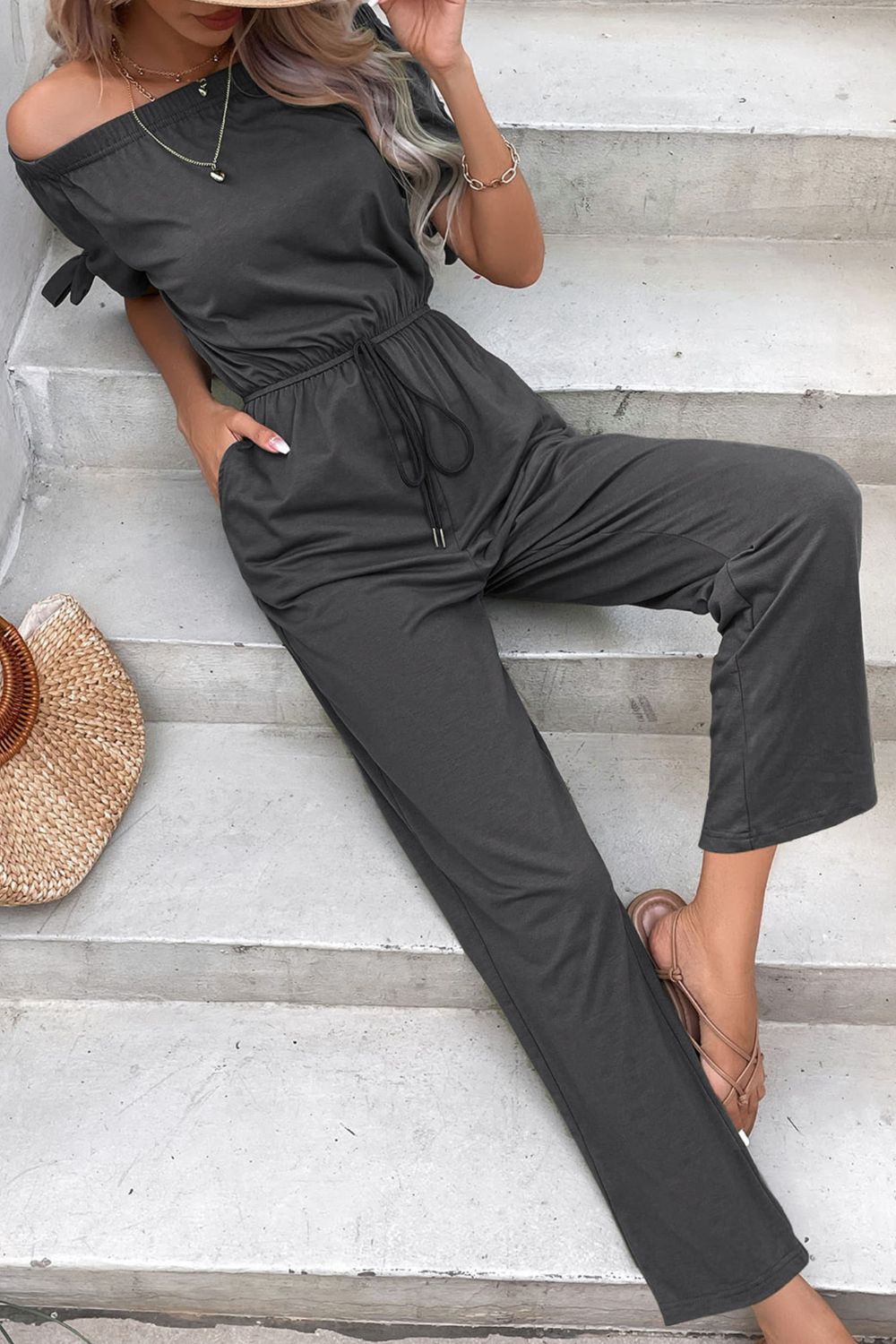 Off-Shoulder Tie Cuff Jumpsuit with Pockets Sunset and Swim   