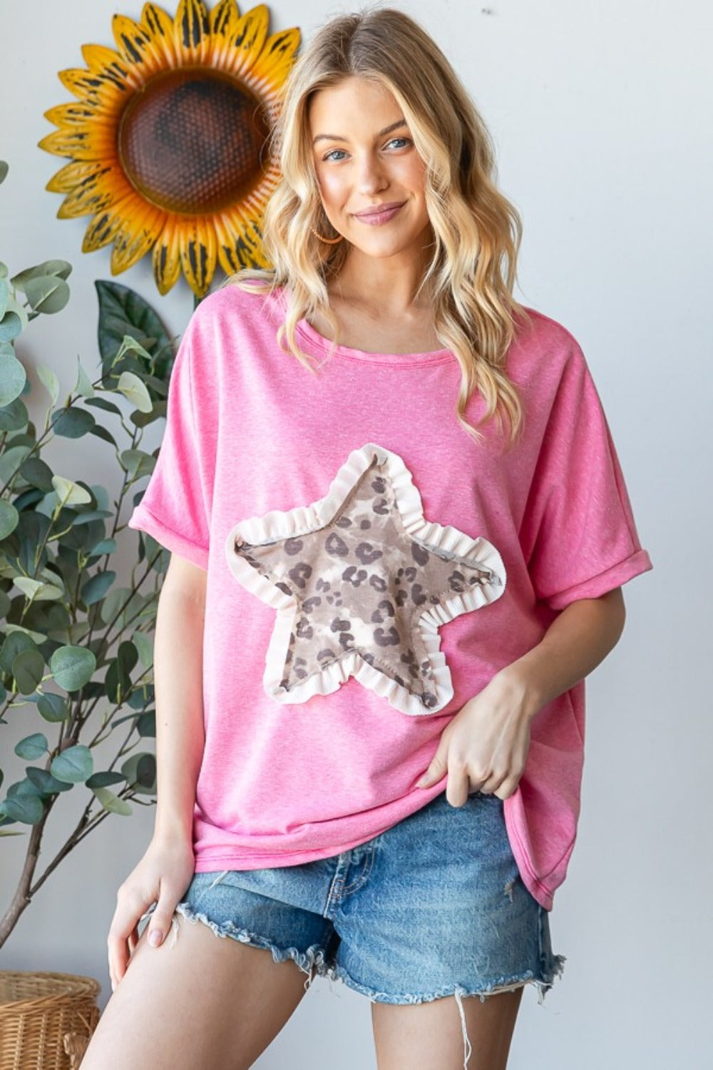 HOPELY Leopard Star Patch Short Sleeve T-Shirt Sunset and Swim   
