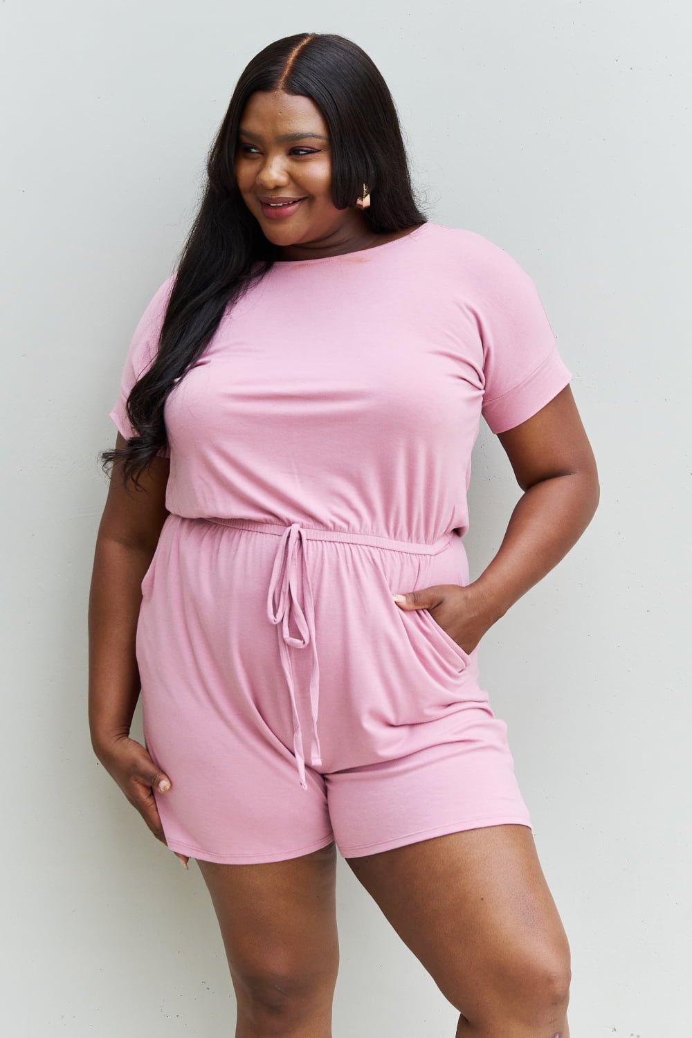 Zenana Chilled Out Full Size Short Sleeve Romper in Light Carnation Pink  Sunset and Swim   