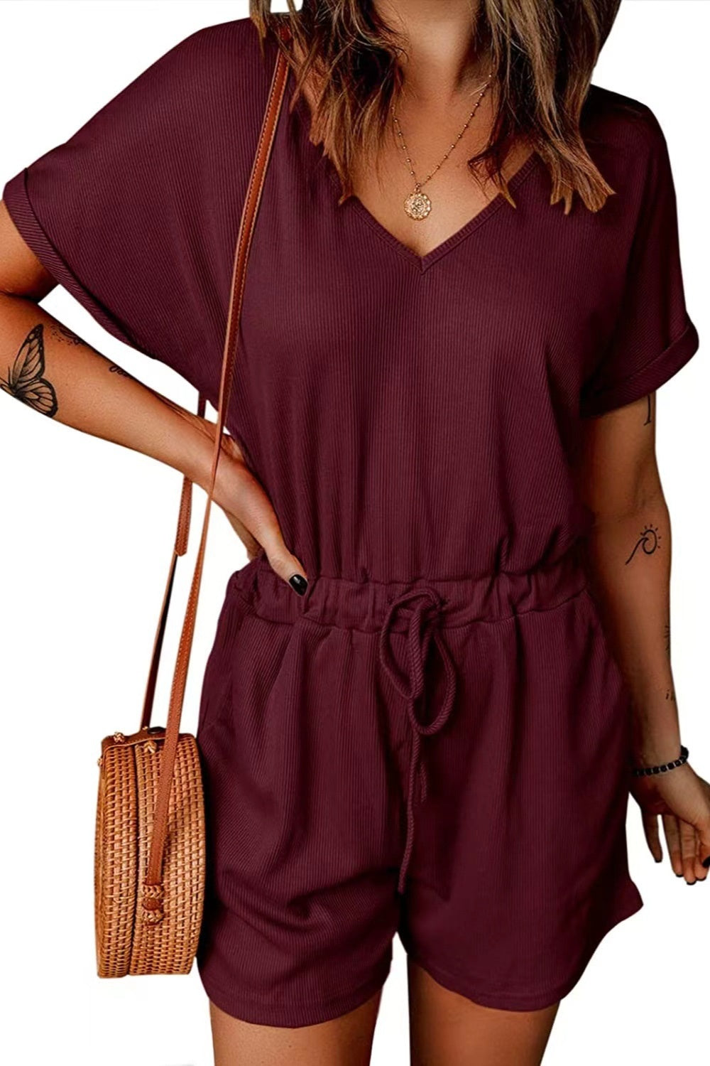 Plus Size Drawstring V-Neck Short Sleeve Romper Sunset and Swim   