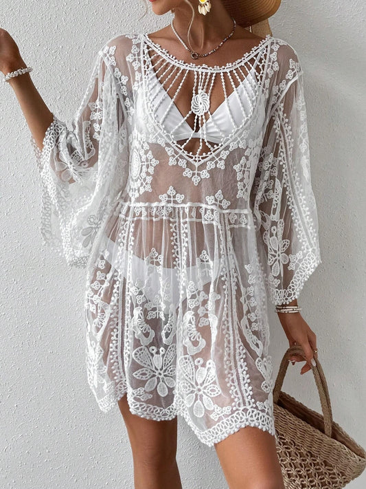 Sunset Vacation  Lace Round Neck Beach Cover Up  Sunset and Swim White One Size 