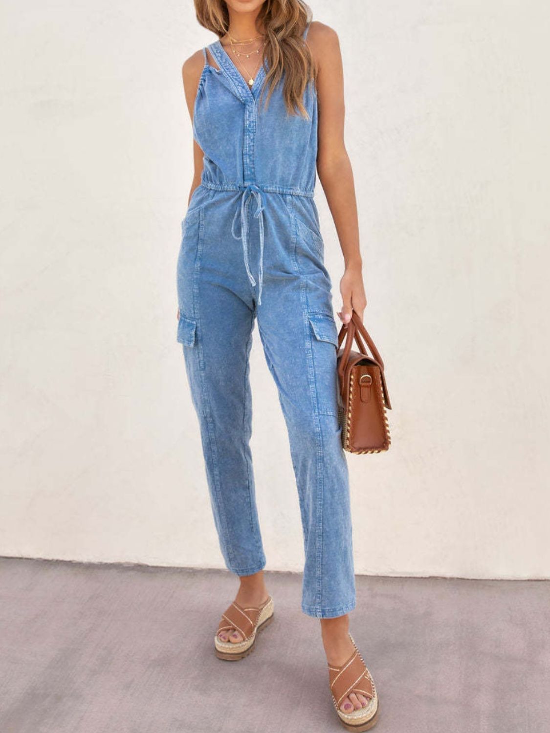 V-Neck Sleeveless Denim Jumpsuit Sunset and Swim   