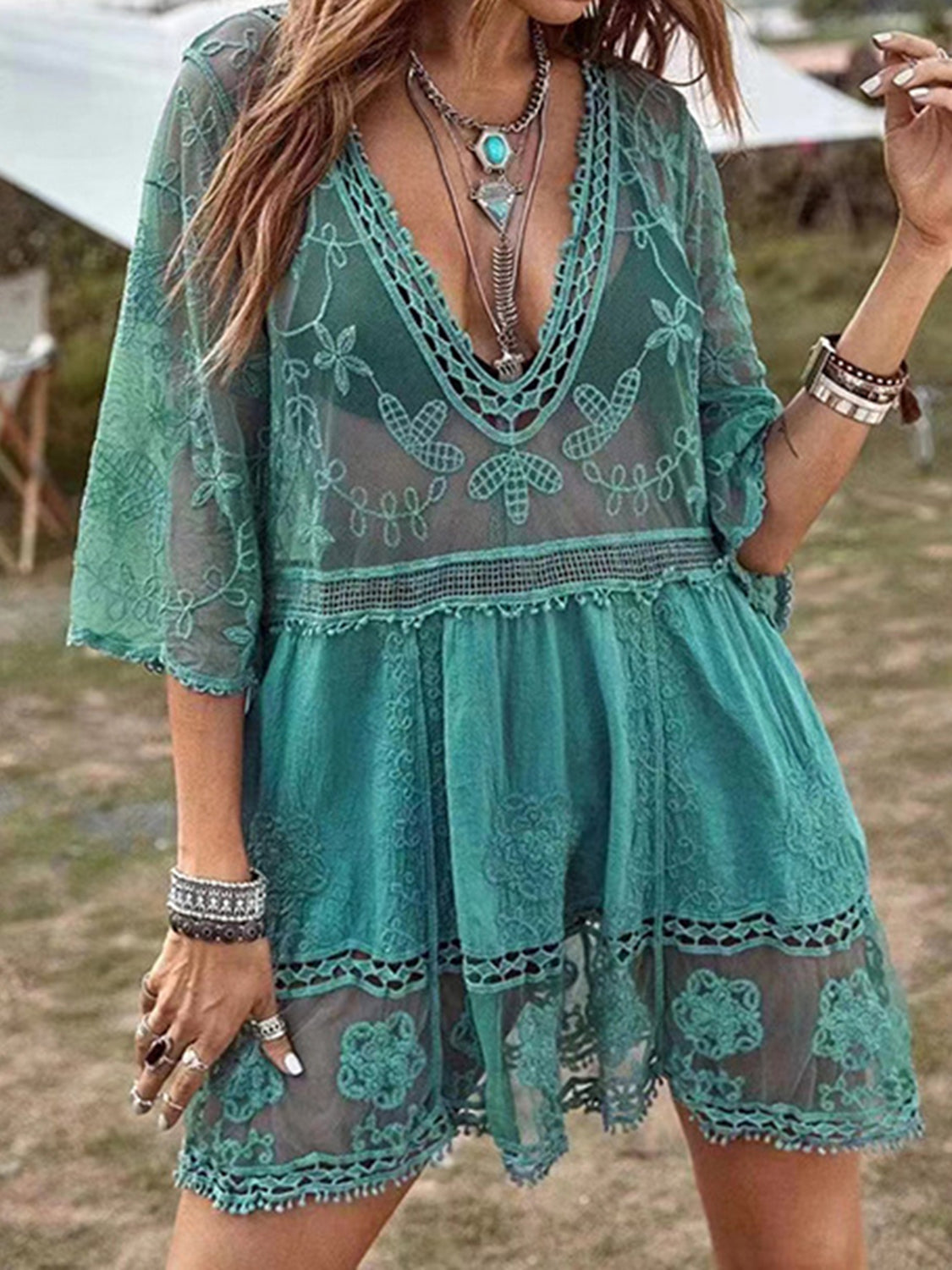 Sunset Vacation  Lace Detail Plunge Cover-Up Dress  Sunset and Swim Turquoise One Size 