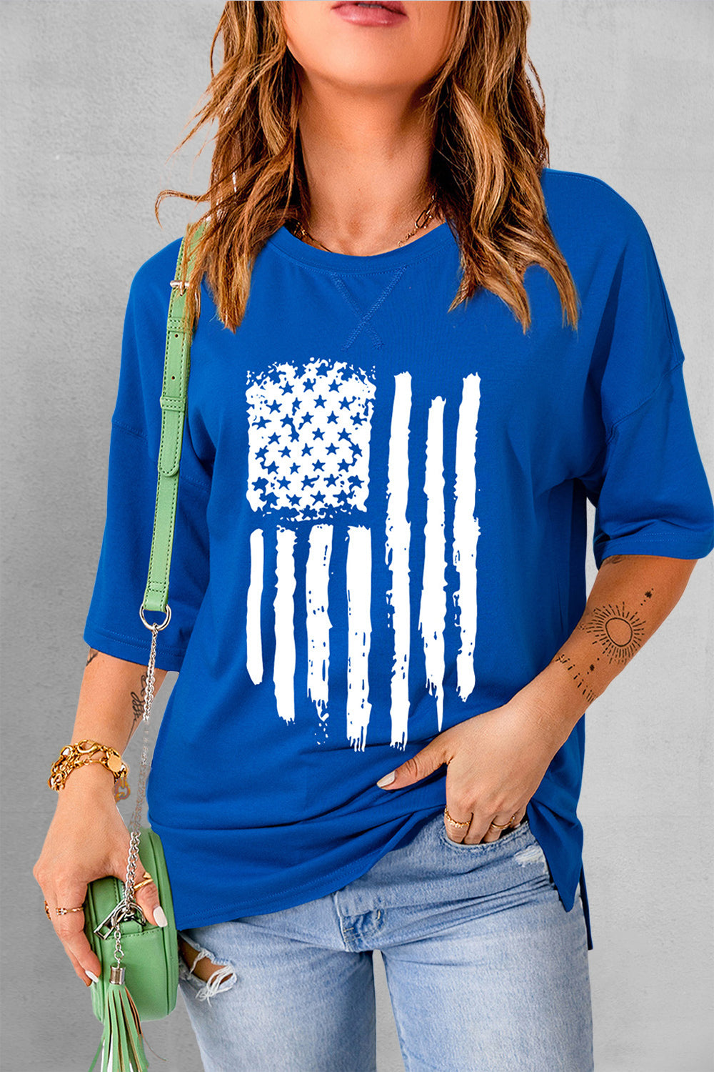 USA Flag Round Neck Short Sleeve T-Shirt Sunset and Swim Royal Blue S 