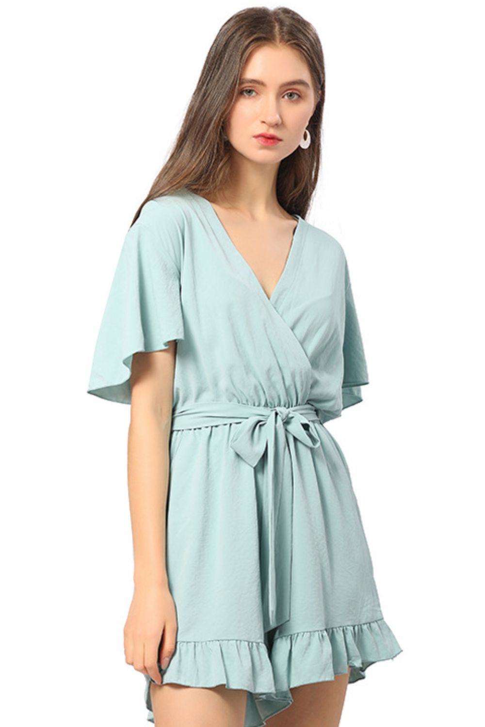 Ruffle Trim Belted Surplice Flutter Sleeve Romper Sunset and Swim   