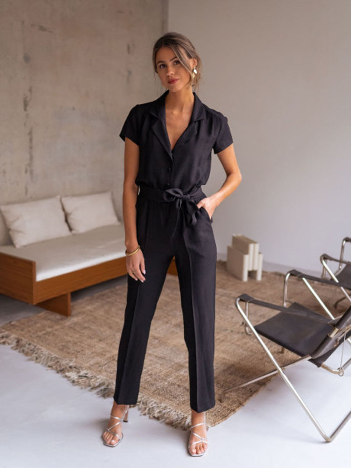 Sunset and Swim  Tied Collared Neck Short Sleeve Jumpsuit Sunset and Swim Black S 