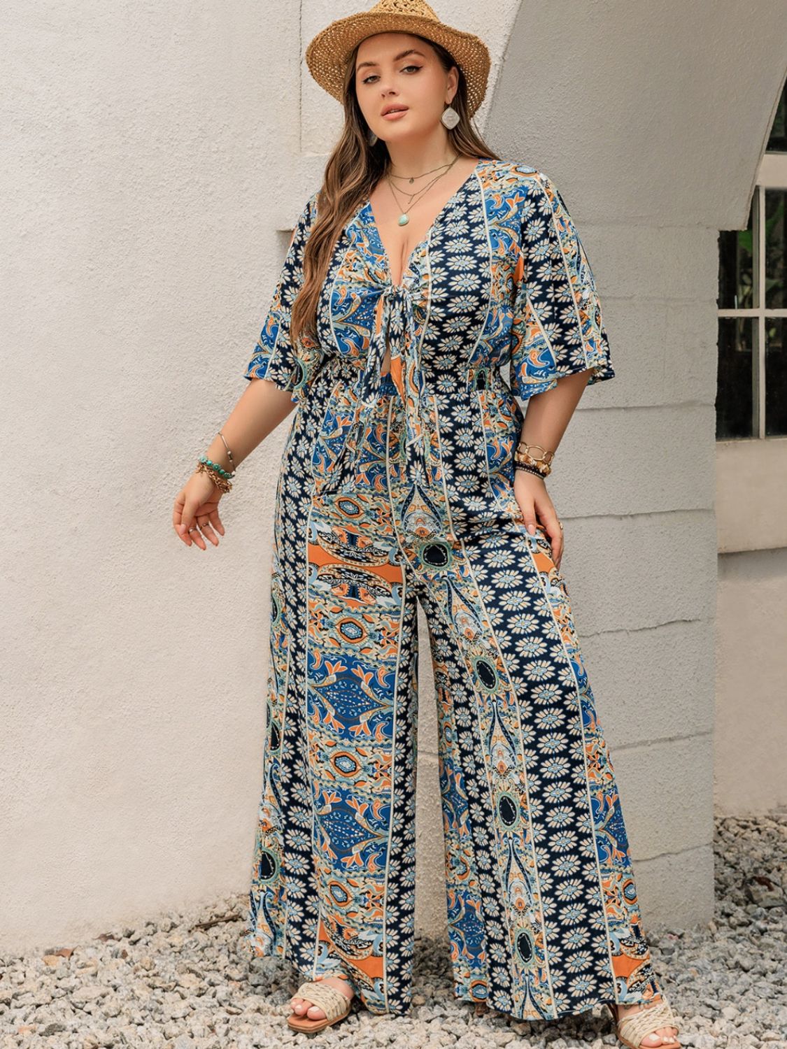 Sunset Vacation Plus Size Printed Half Sleeve Wide Leg Jumpsuit Sunset and Swim   