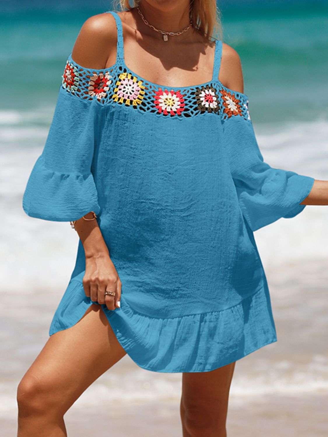 Sunset Vacation  Crochet Cold Shoulder Three-Quarter Sleeve Beach Cover Up Sunset and Swim Sky Blue One Size 