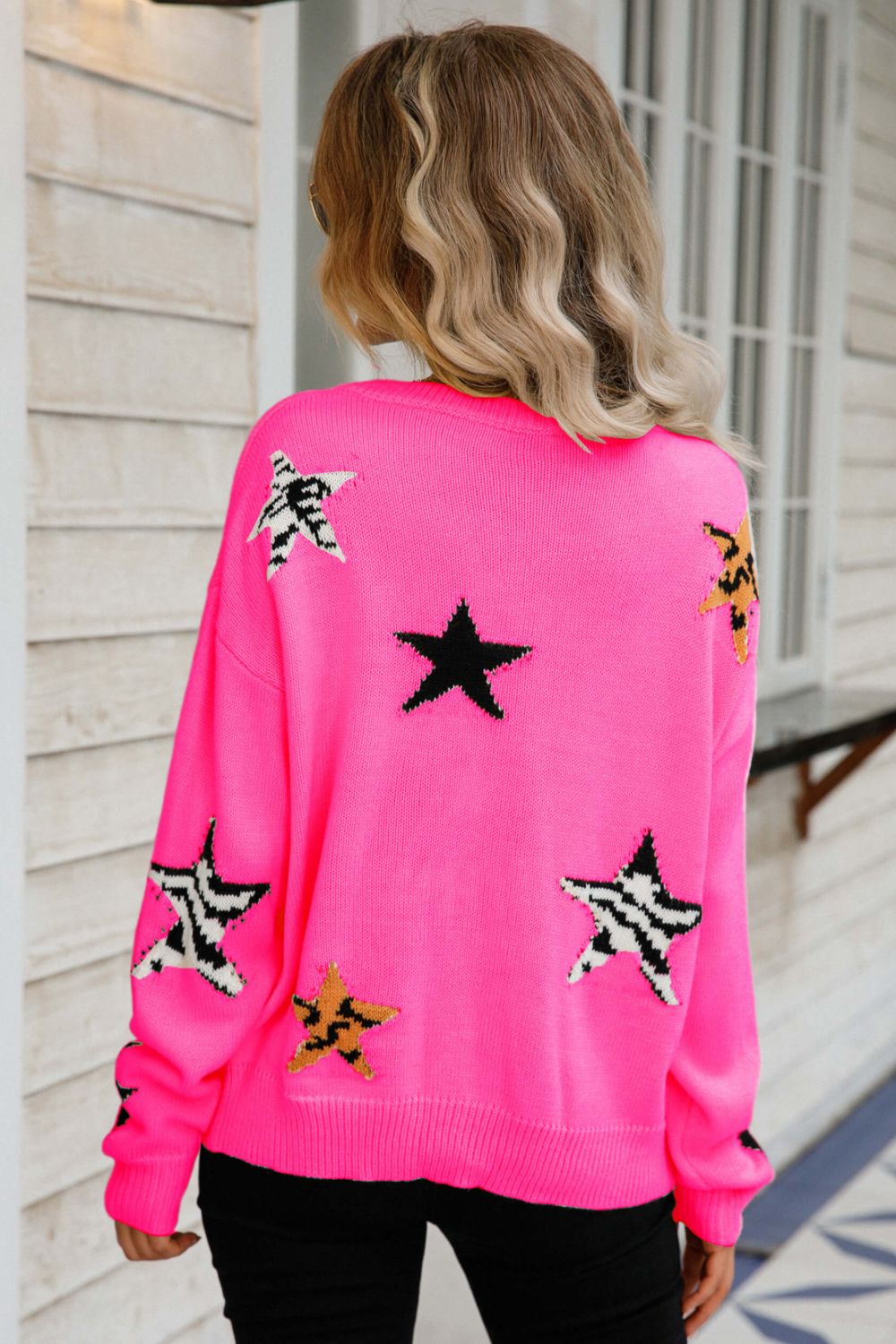 Star Pattern Round Neck Dropped Shoulder Sweater Sunset and Swim   