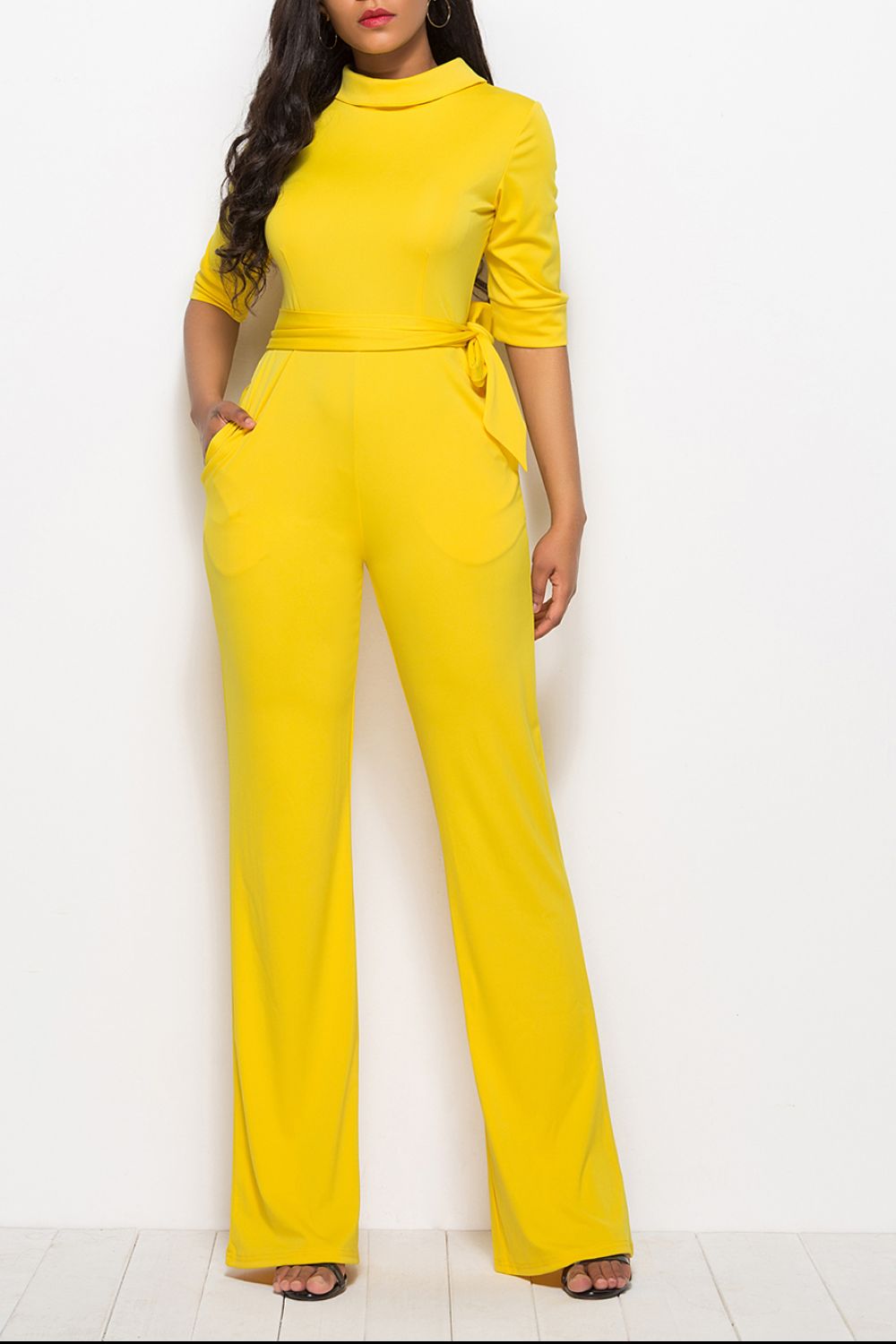 Mock Neck Tie-Waist Half Sleeve Jumpsuit Sunset and Swim   