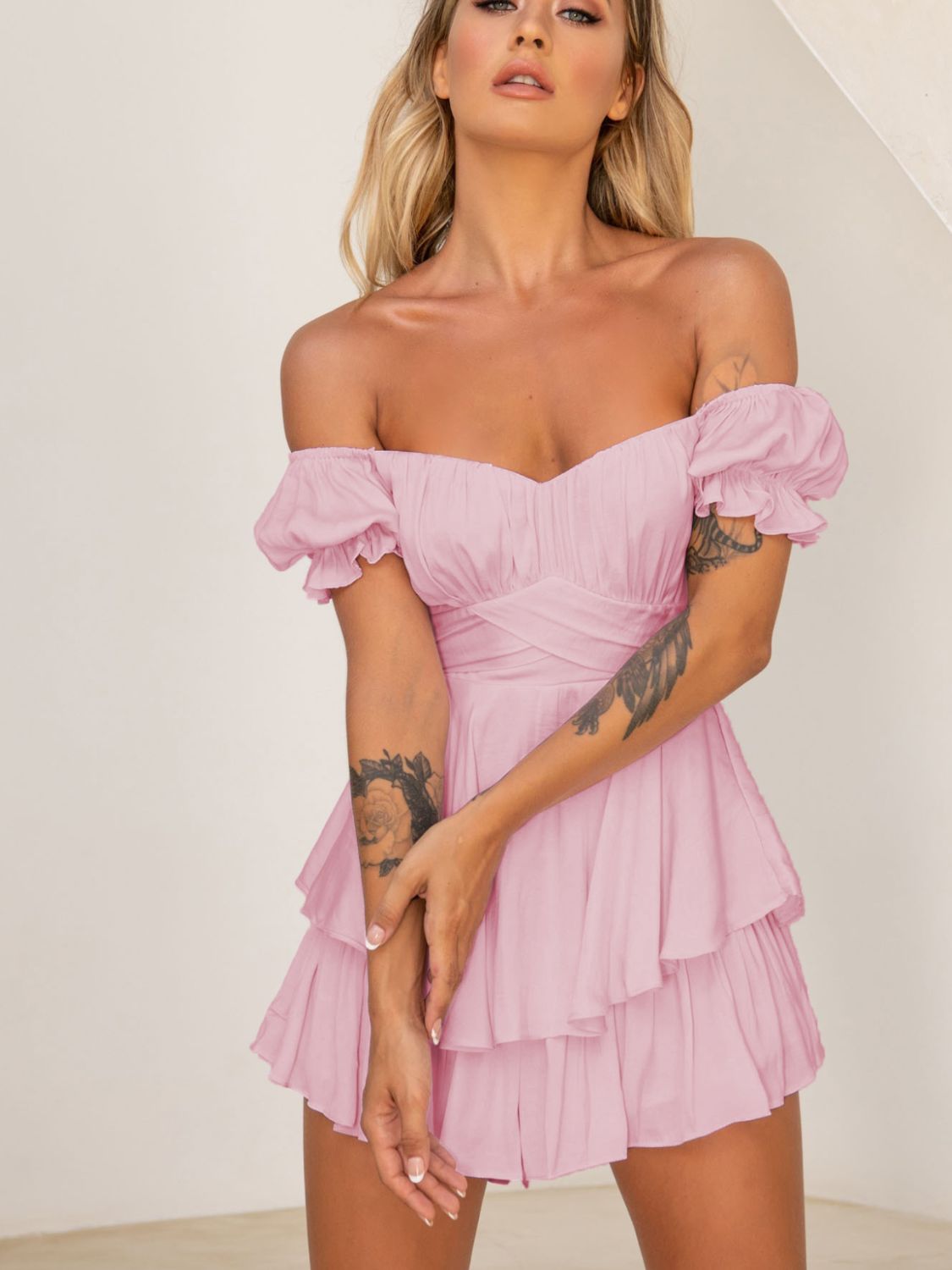 Off Shoulder Flounce Sleeve Romper Sunset and Swim Blush Pink S 