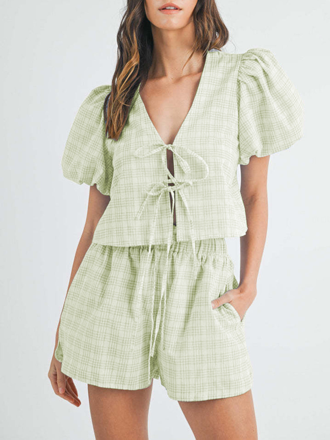 V-Neck Puff Sleeve Top and Shorts Set Sunset and Swim Light Green S 