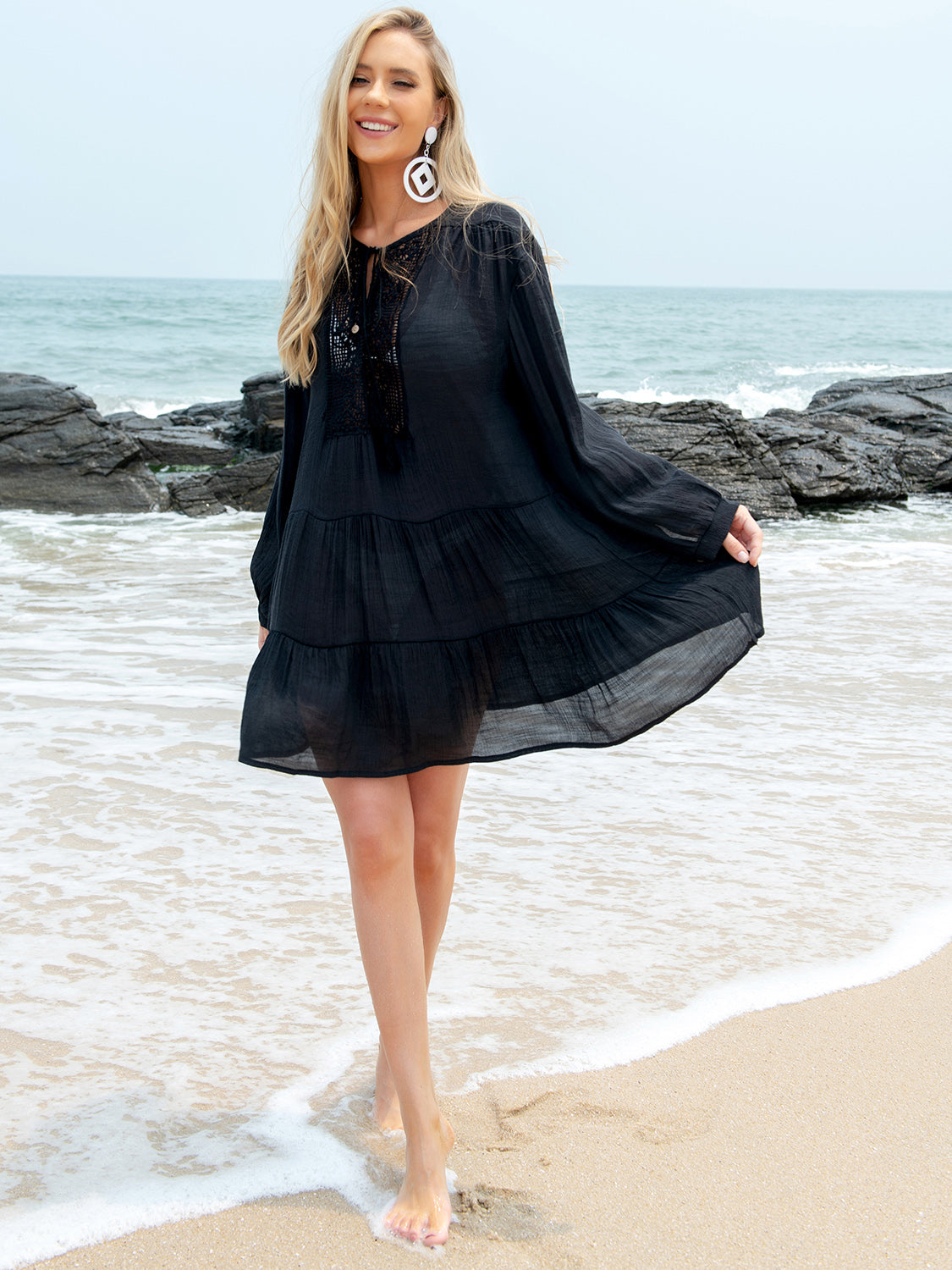 Sunset and Swim  Tassel Lace Detail Long Sleeve Beach Cover Up Sunset and Swim   