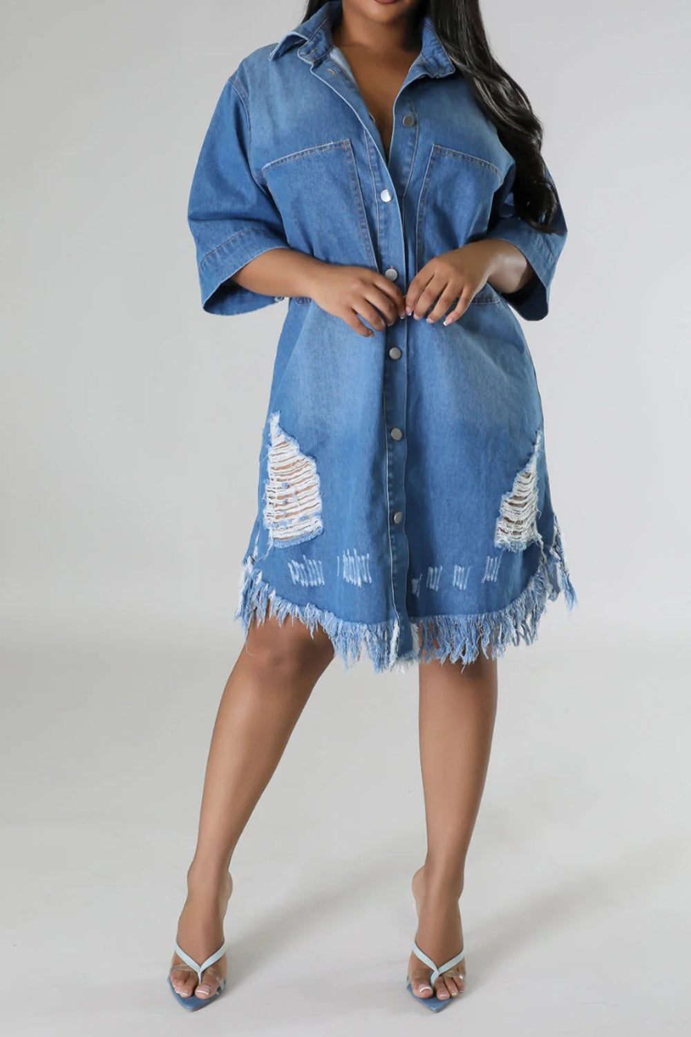 Sunset Vacation  Distressed Raw Hem Button Up Denim Dress Sunset and Swim Light S 