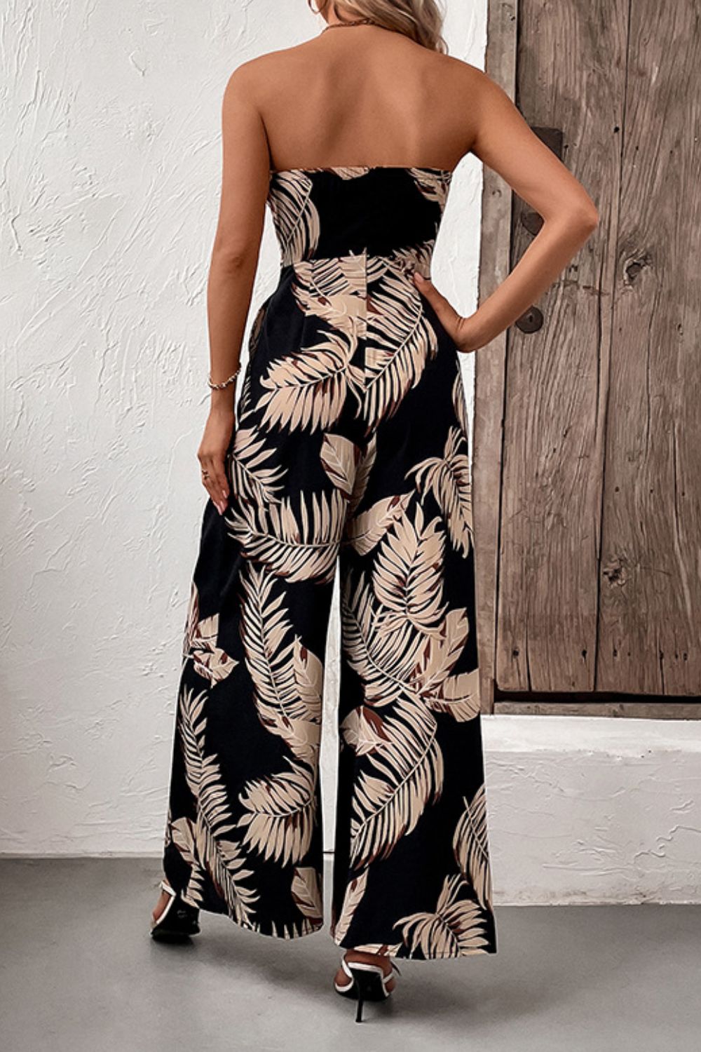 Printed Strapless Wide Leg Jumpsuit with Pockets  Sunset and Swim   