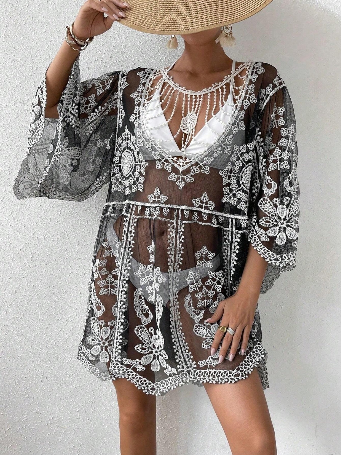 Sunset Vacation  Lace Round Neck Beach Cover Up Sunset and Swim Black One Size 