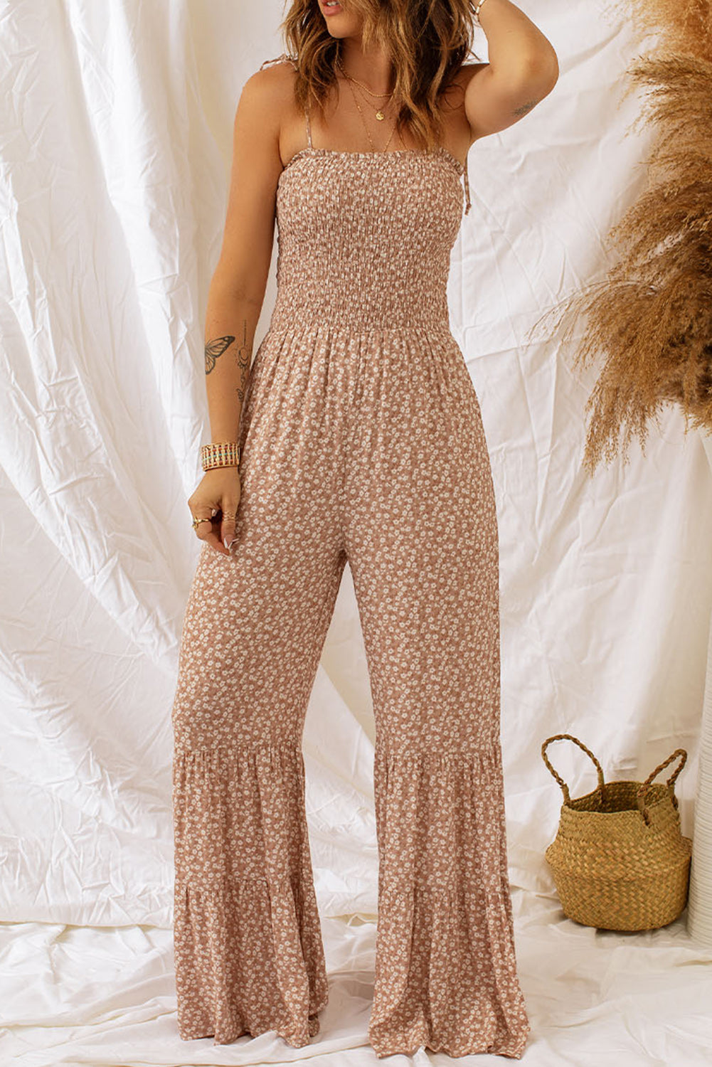 Floral Spaghetti Strap Smocked Wide Leg Jumpsuit Sunset and Swim   