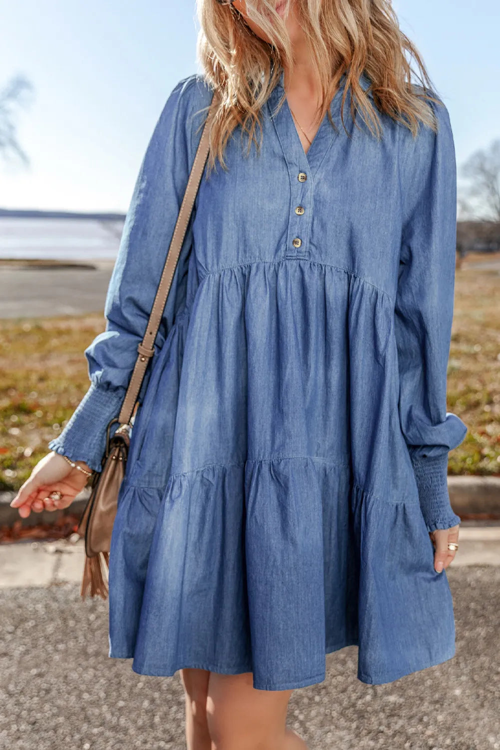 Tiered Johnny Collar Long Sleeve Denim Dress Sunset and Swim Medium S 