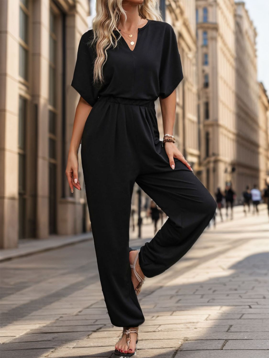 Sunset and Swim  Notched Half Sleeve Straight Jumpsuit Sunset and Swim Black S 