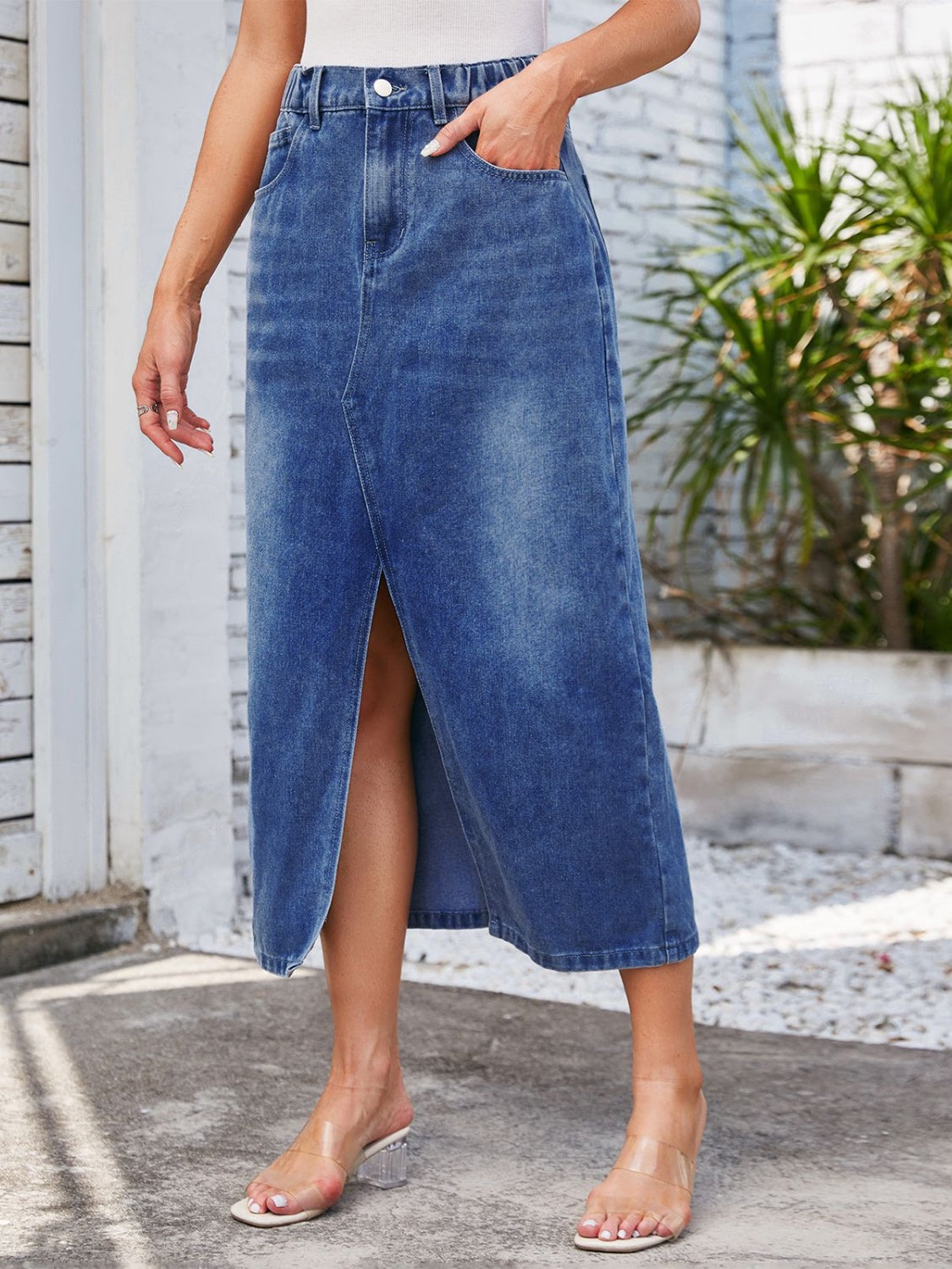 Slit Midi Denim Skirt with Pockets Sunset and Swim   