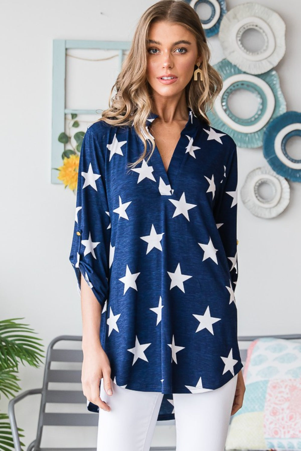 Heimish Full Size Roll-Tab Sleeve Star Print Top Sunset and Swim Navy Star S 