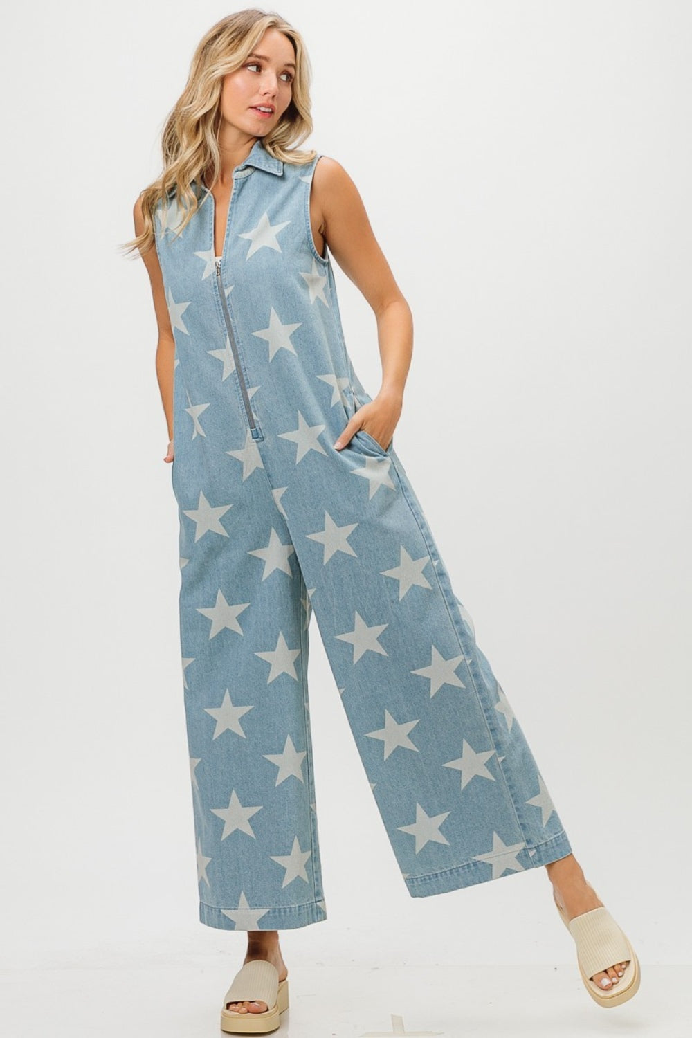 BiBi Star Print Half Zip Sleeveless Denim Jumpsuit Sunset and Swim   