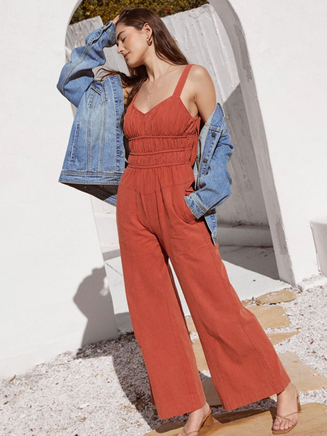 Ruched Wide Strap Jumpsuit with Pockets Sunset and Swim   