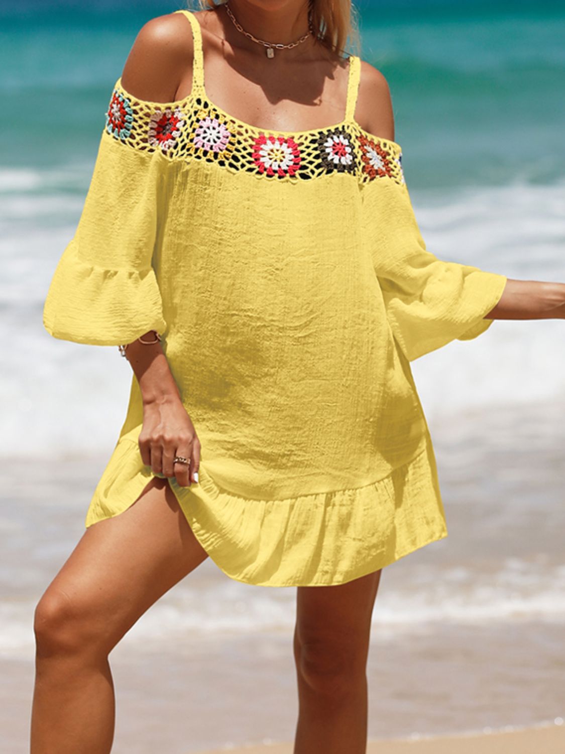 Sunset Vacation  Crochet Cold Shoulder Three-Quarter Sleeve Beach Cover Up Sunset and Swim Yellow One Size 