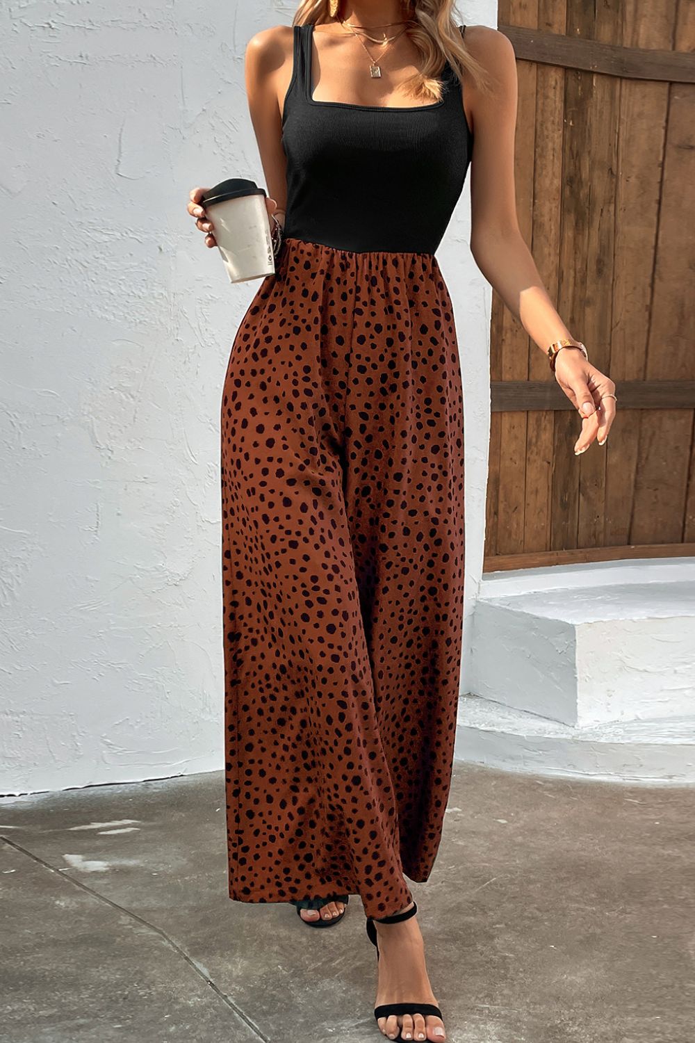 Two-Tone Square Neck Wide Leg Jumpsuit Sunset and Swim Chestnut S 