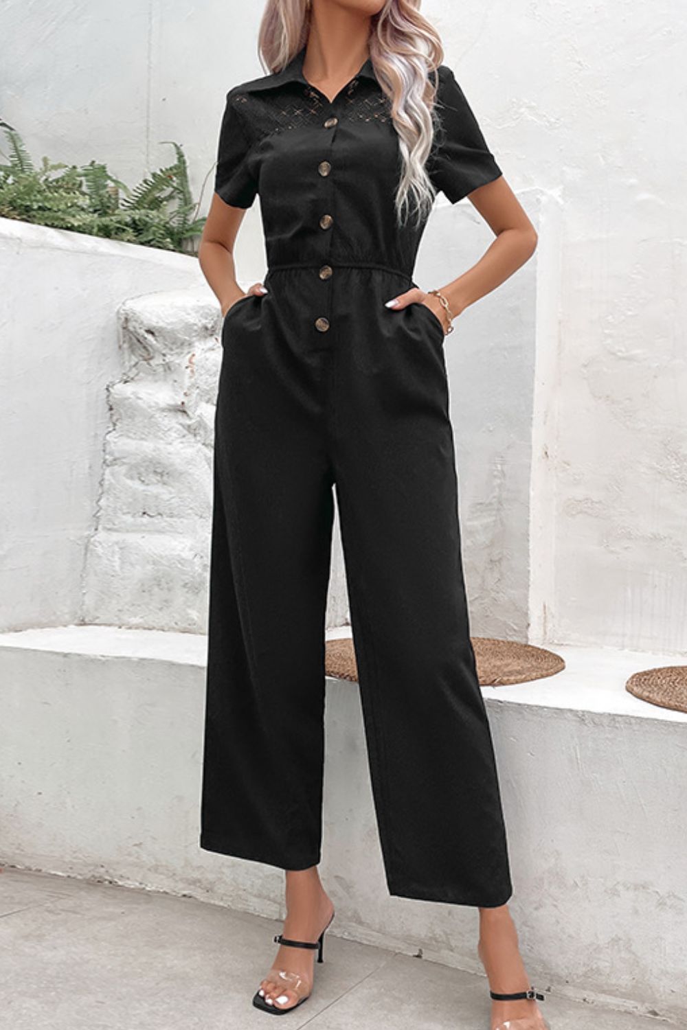 Collared Neck Short Sleeve Jumpsuit Sunset and Swim   
