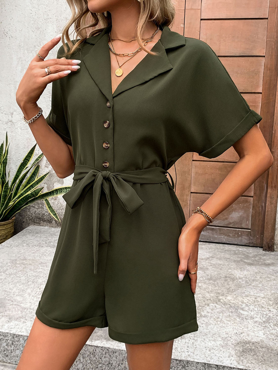 Half Button Tie Waist Short Sleeve Romper Sunset and Swim   