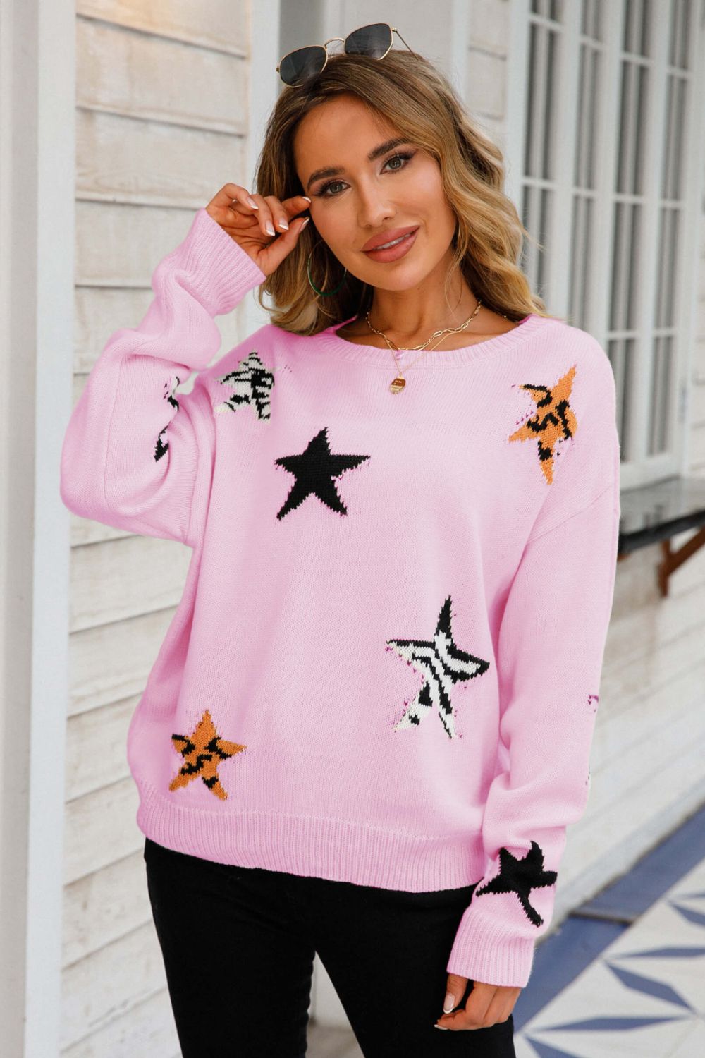 Star Pattern Round Neck Dropped Shoulder Sweater Sunset and Swim   