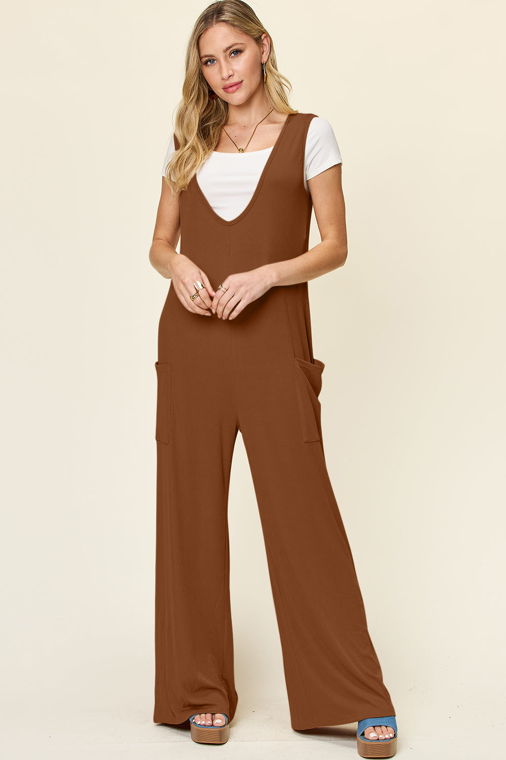 Sunset and Swim  Plus Size Sleeveless Wide Leg Jumpsuit with Pockets Sunset and Swim Chestnut S 