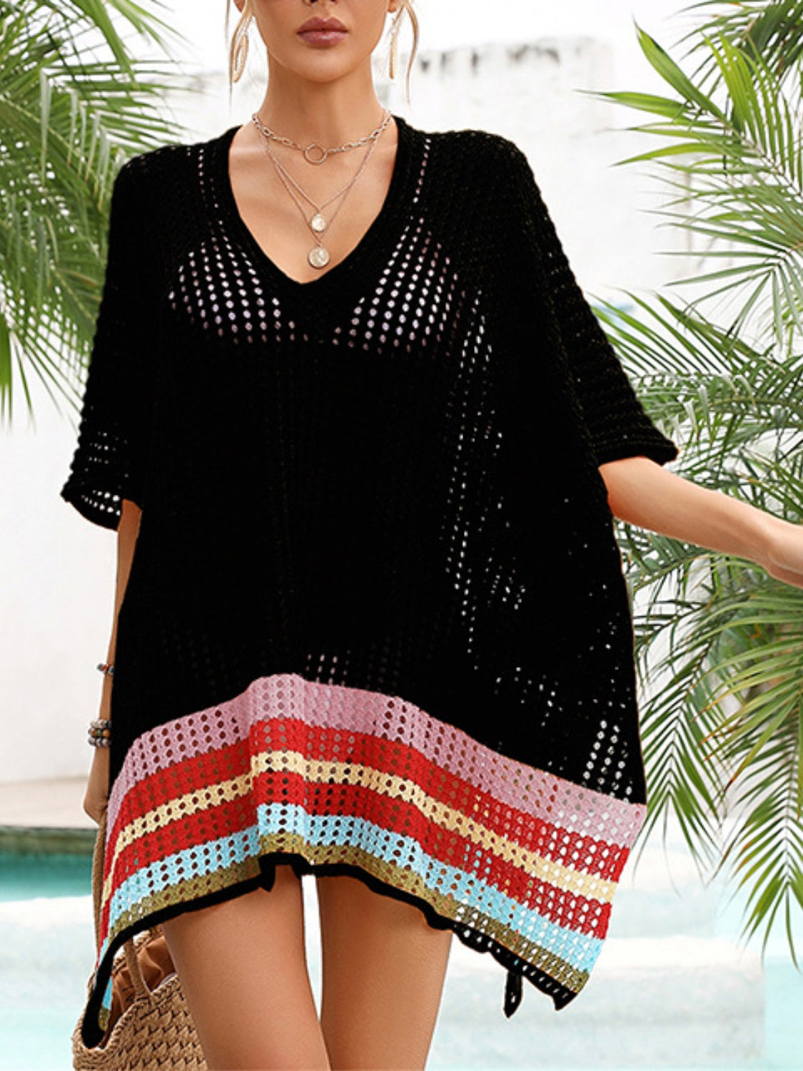 Slit Openwork V-Neck Half Sleeve Cover-Up Sunset and Swim   