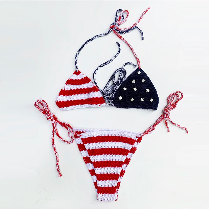 Sexy American Flag Handmade Crochet Swimsuit Bikini Sunset and Swim   