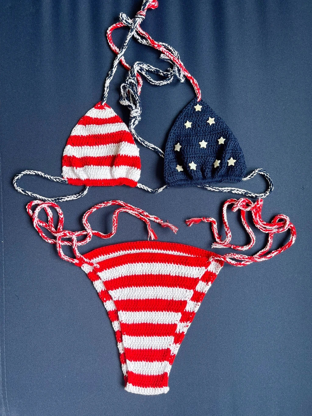 Sexy American Flag Handmade Crochet Swimsuit Bikini Sunset and Swim   