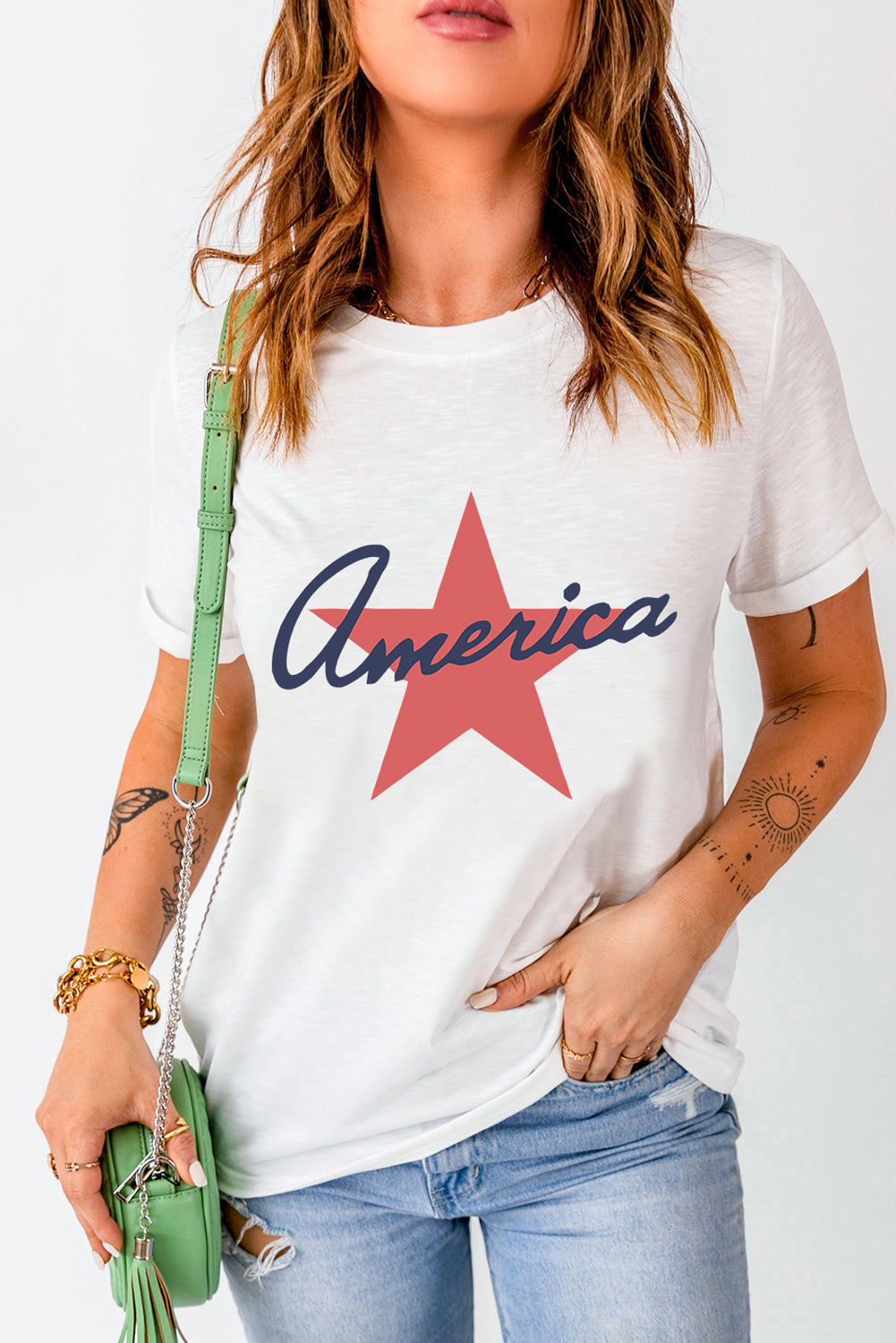 Star Round Neck Short Sleeve T-Shirt Sunset and Swim White S 