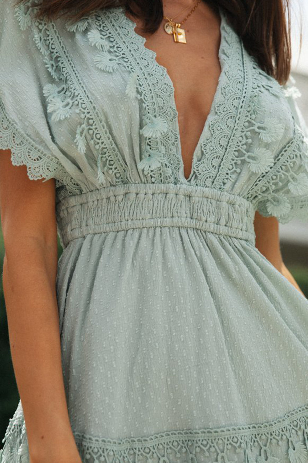 Lace Detail Plunge Short Sleeve Mini Dress Sunset and Swim   