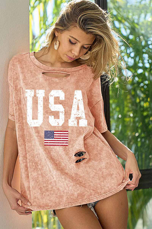 BiBi Washed American Flag Graphic Distressed T-Shirt Sunset and Swim Dusty Pink S 