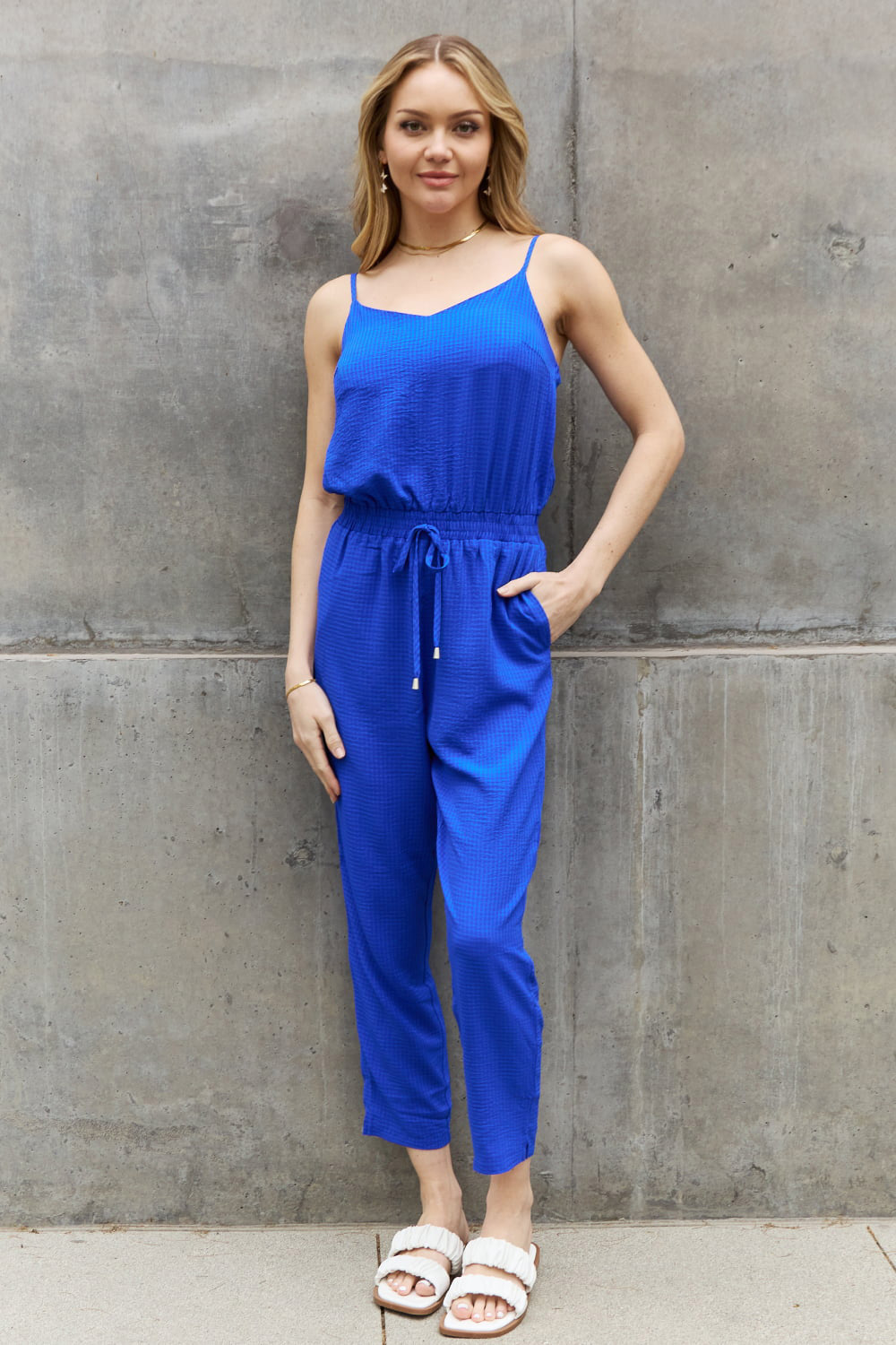 ODDI Full Size Textured Woven Jumpsuit in Royal Blue  Sunset and Swim   