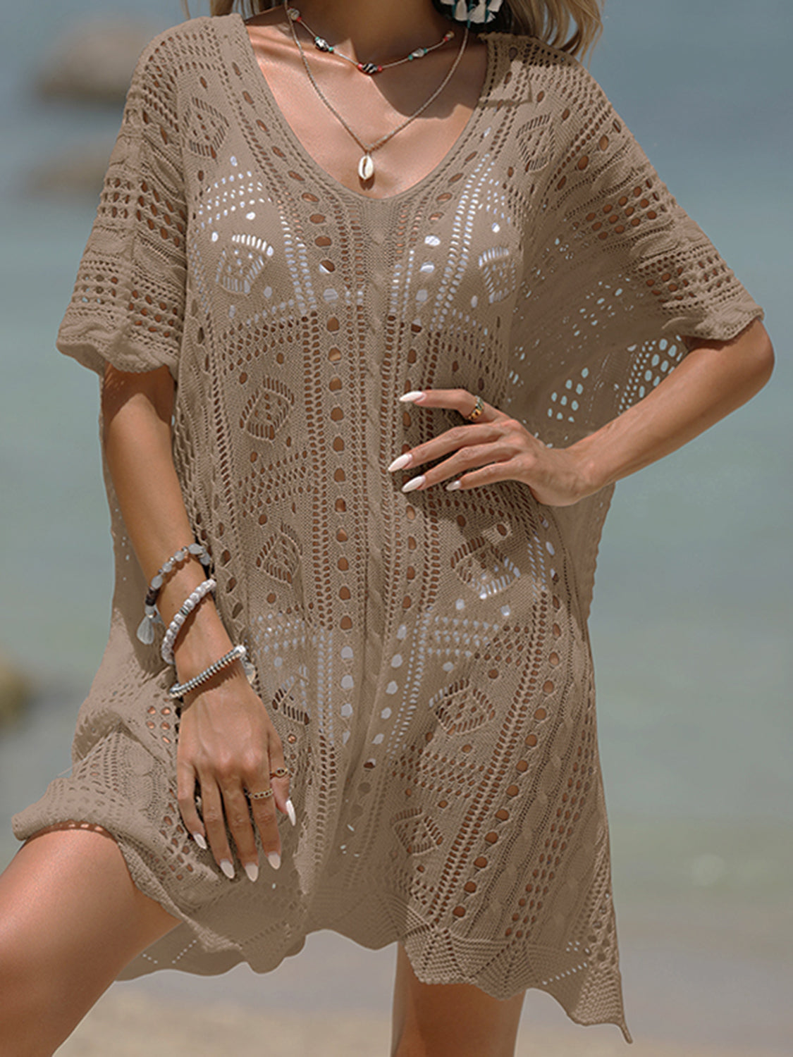 Sunset Vacation  Openwork Half Sleeve Beach Cover Up Sunset and Swim Khaki One Size 